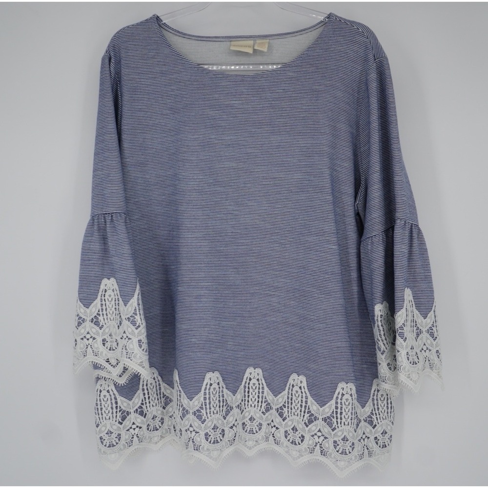 Chicos Blue White Striped Lace Trim Bell Sleeve Knit Top Size 3 XL Coastal Beach